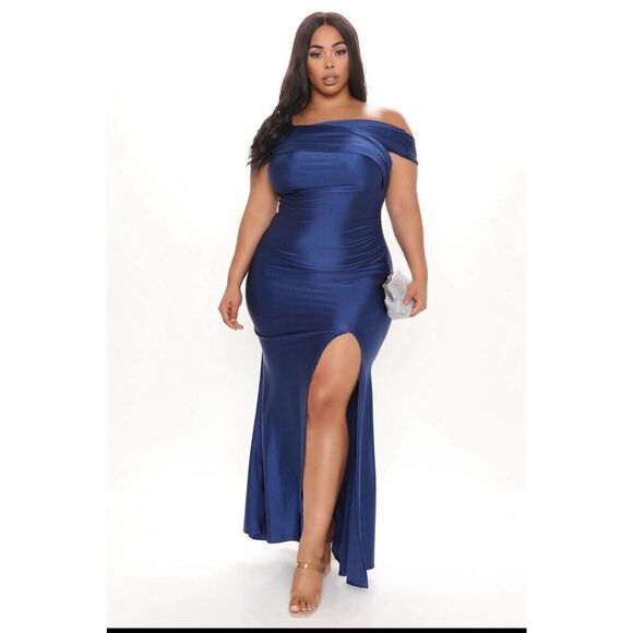 Fashion Nova Ignore The Romance Off Shoulder Maxi Navy Dress Size 1X NWT Shiny - Picture 1 of 10